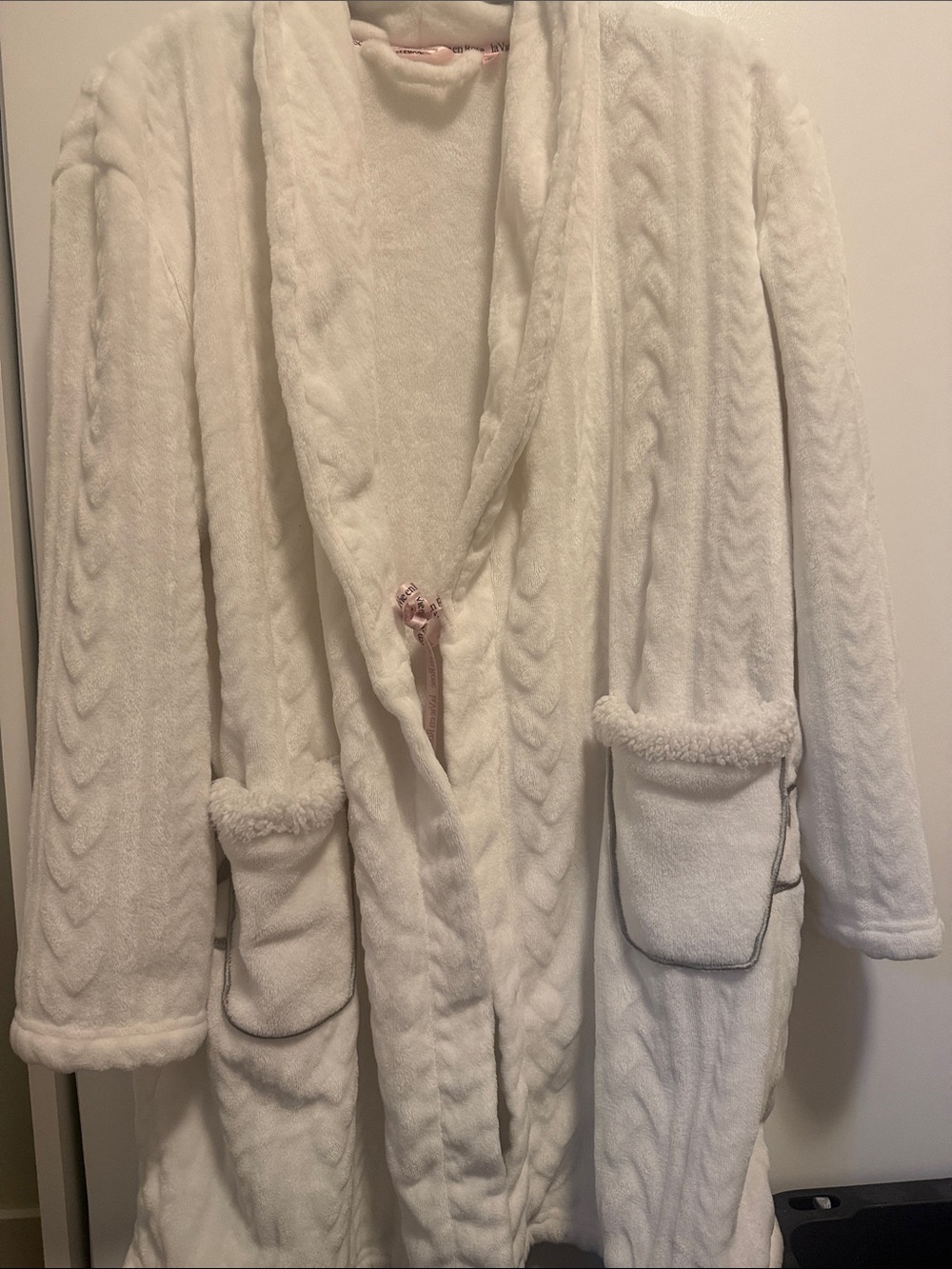 La Vie En Rose Cream Plush Cable-Textured Robe with Pink Ribbon Accent